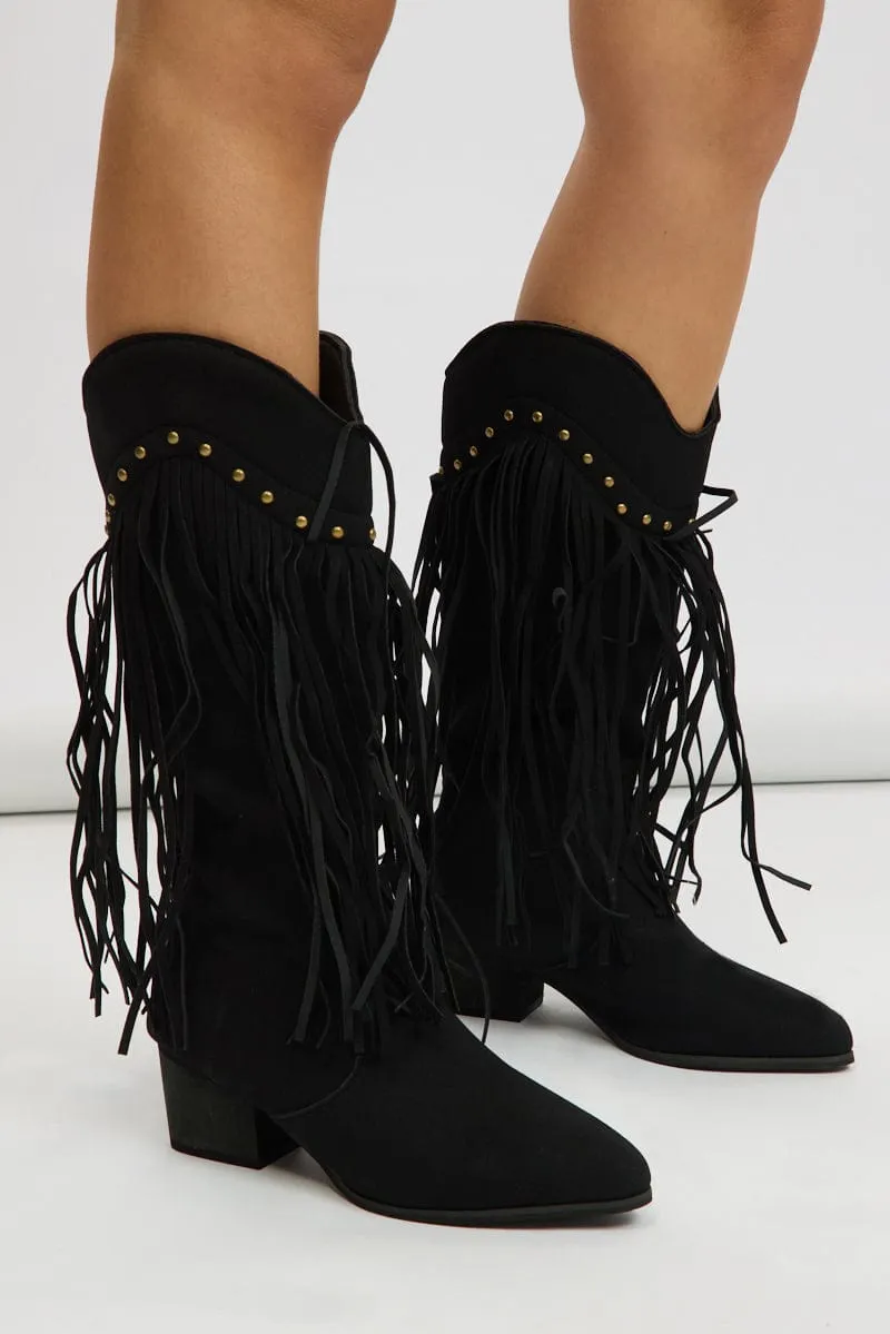 Black Tassel Cowboy Boots sold by Ally Fashion
