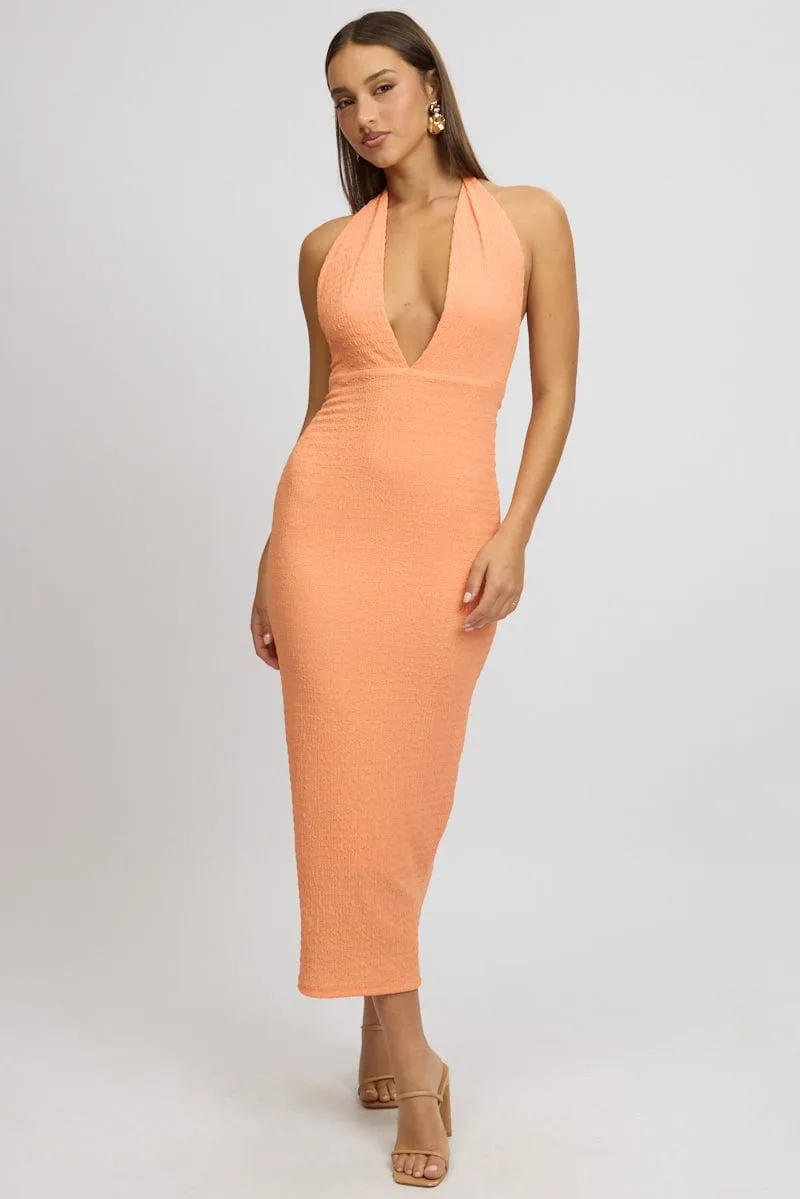 Orange Bodycon Dress Halter Neck Texured sold by Ally Fashion