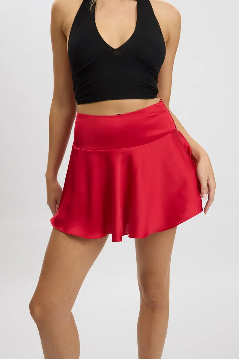 Red Satin Skirt High Rise Mini Flowy Skater sold by Ally Fashion