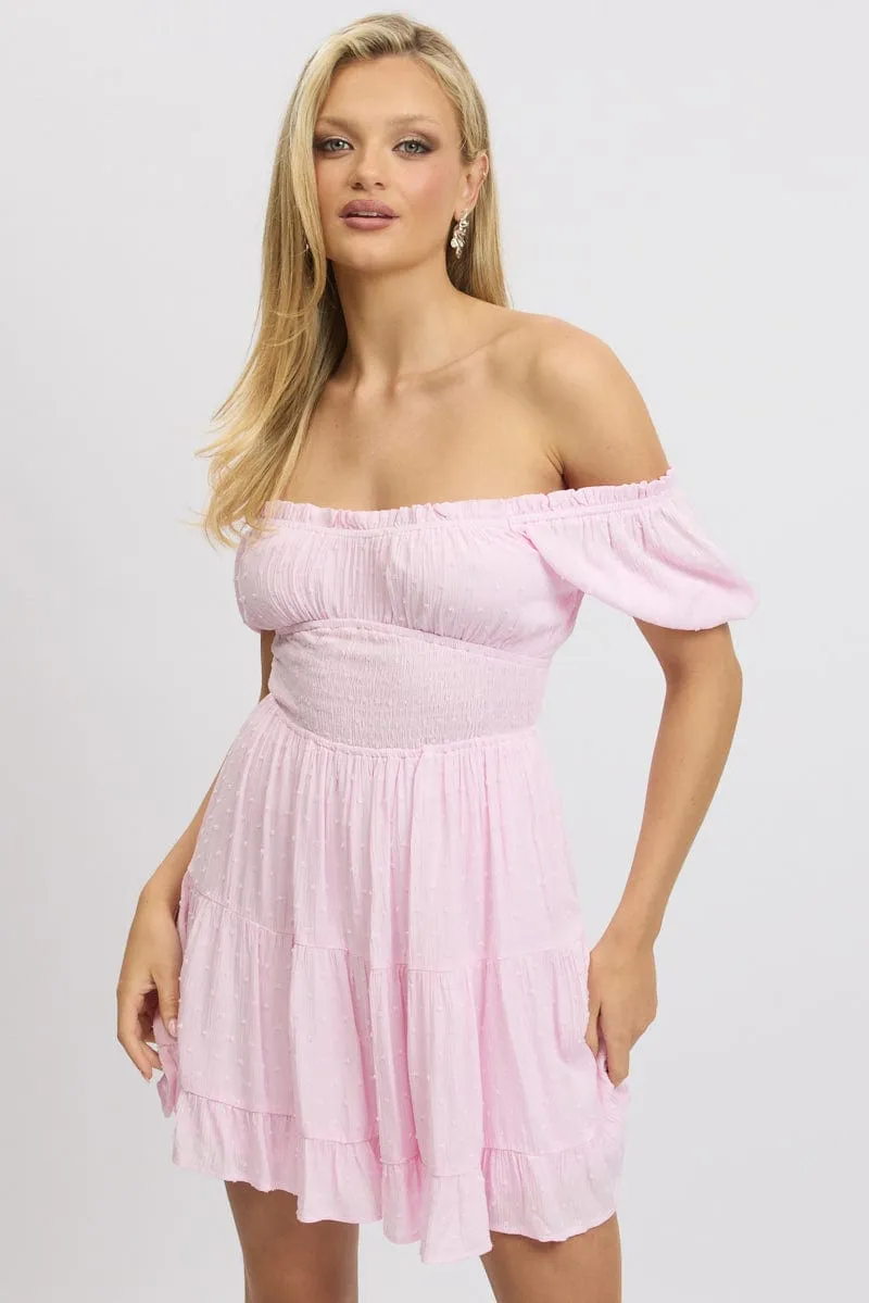Pink Fit And Flare Dress Puff Sleeve Mini sold by Ally Fashion