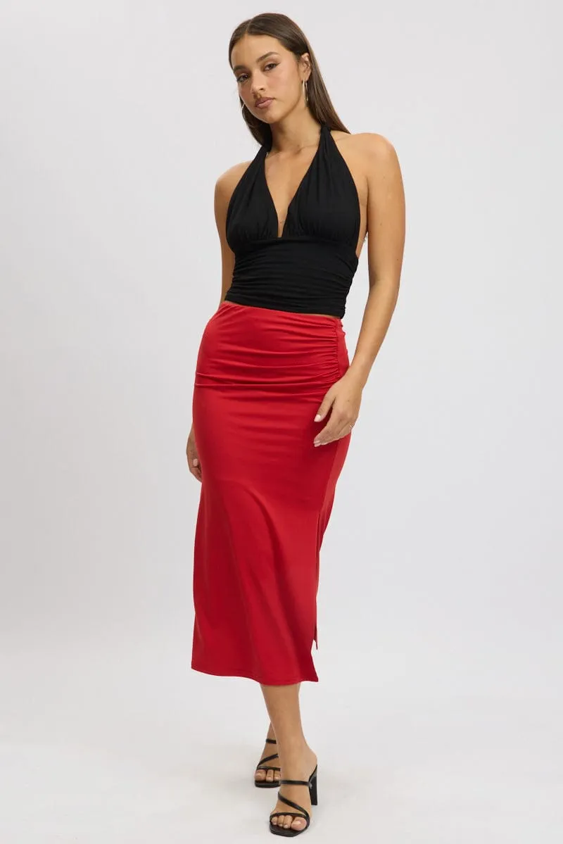 Red Midaxi Skirt High Rise Ruched Lined Supersoft sold by Ally Fashion