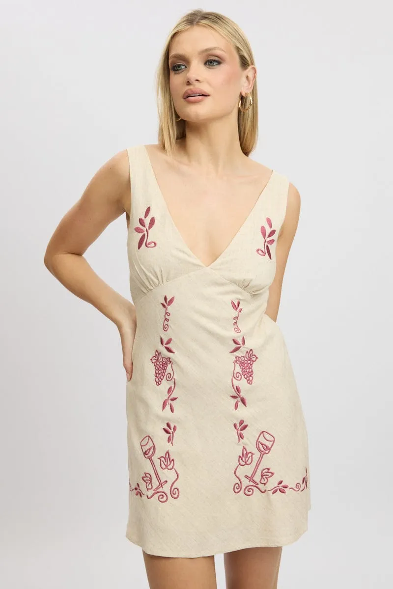 Beige Mini Dress V Neck Embroidery sold by Ally Fashion product image thumbnail 3