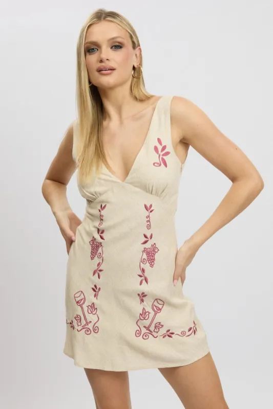 Beige Mini Dress V Neck Embroidery sold by Ally Fashion