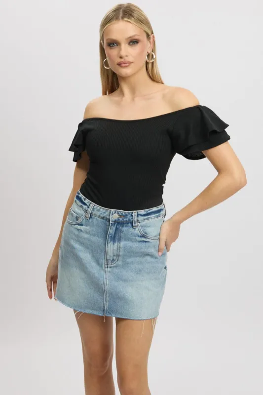 Black Bodysuit Ruffle Sleeve Textured sold by Ally Fashion