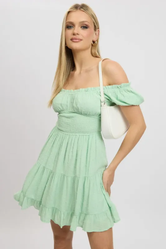 Green Fit And Flare Dress Puff Sleeve Mini sold by Ally Fashion