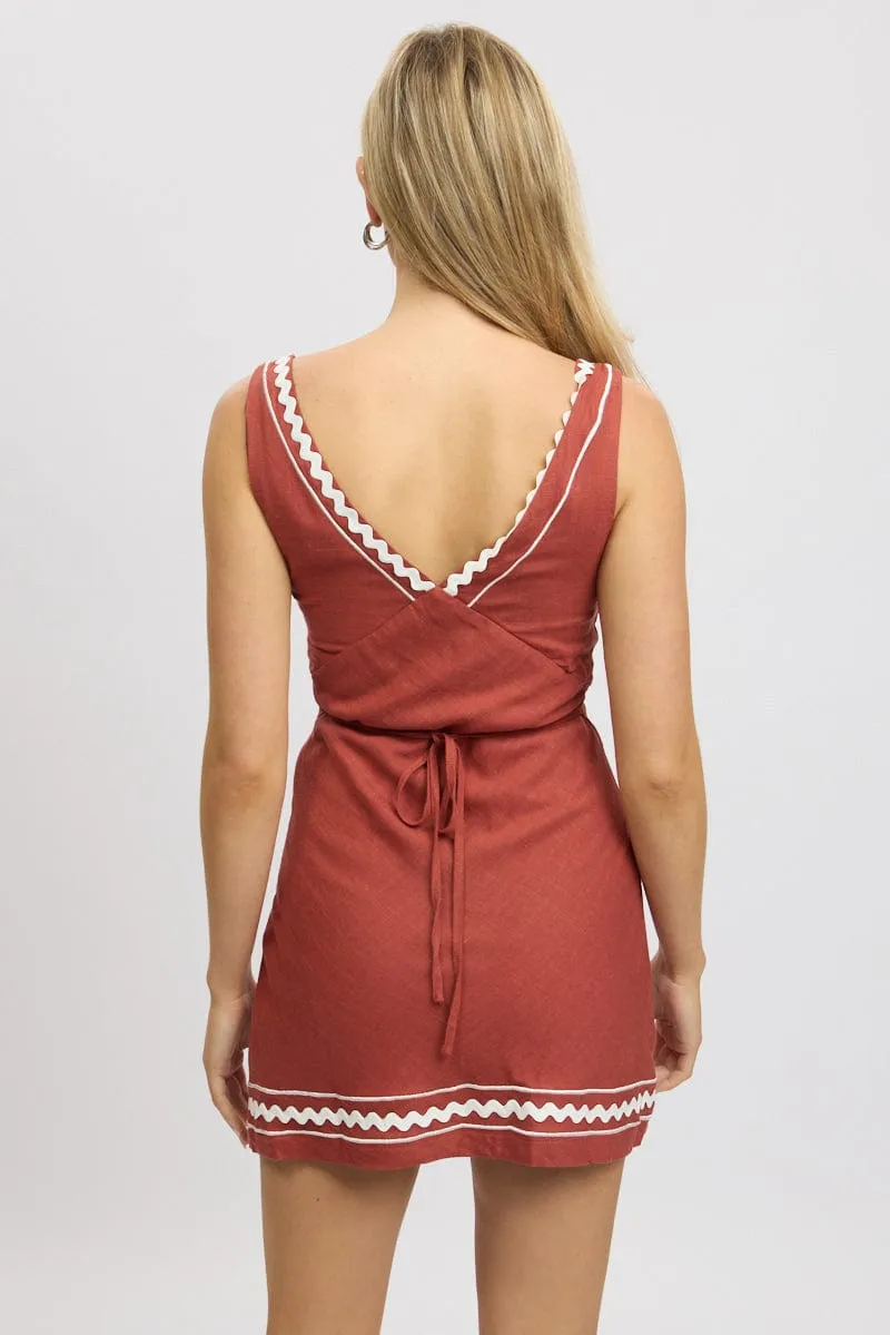Brown Mini Dress V-Neck Sleeveless sold by Ally Fashion product image thumbnail 5