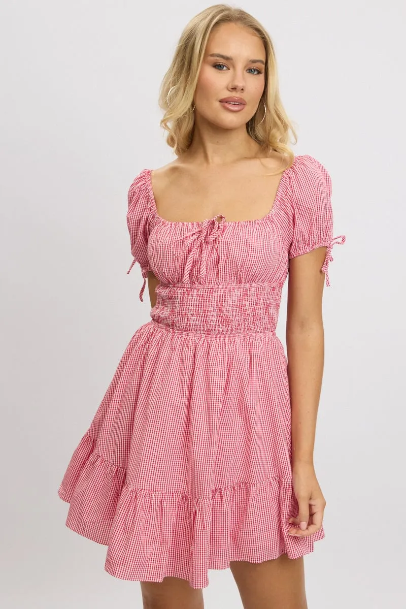 Red Check Fit And Flare Dress Puff Sleeve Mini sold by Ally Fashion product image thumbnail 3