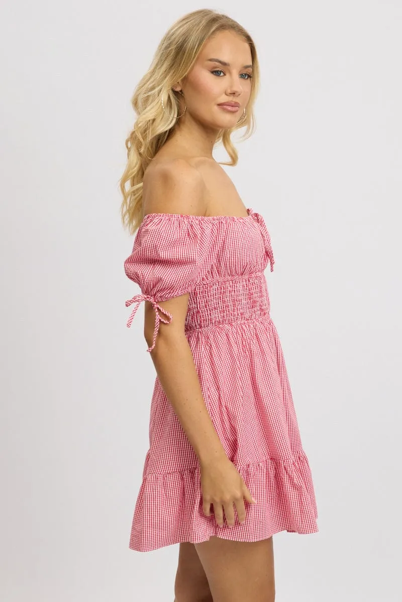 Red Check Fit And Flare Dress Puff Sleeve Mini sold by Ally Fashion product image thumbnail 4