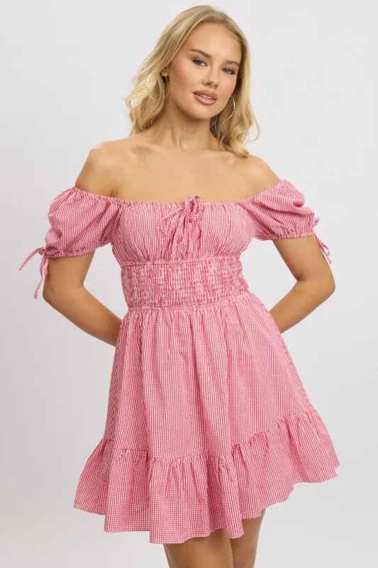 Red Check Fit And Flare Dress Puff Sleeve Mini sold by Ally Fashion