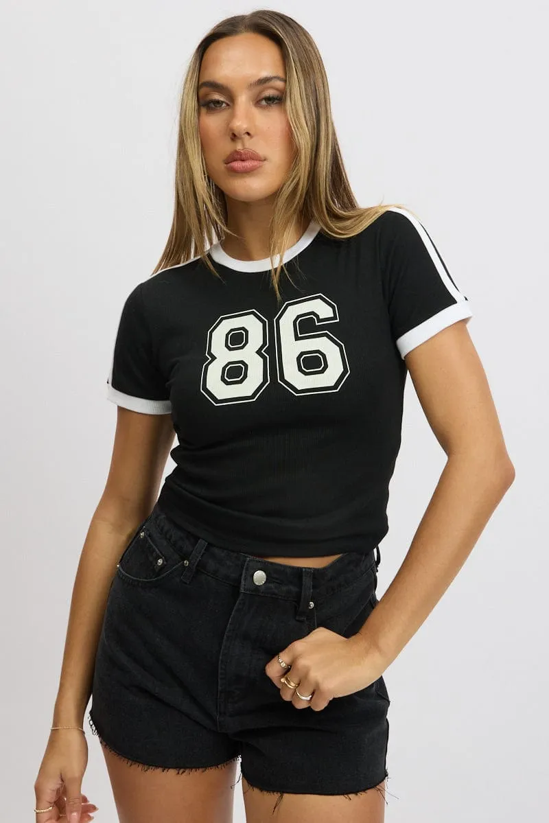 Black Graphic Tee Short Sleeve Contrast Binding sold by Ally Fashion