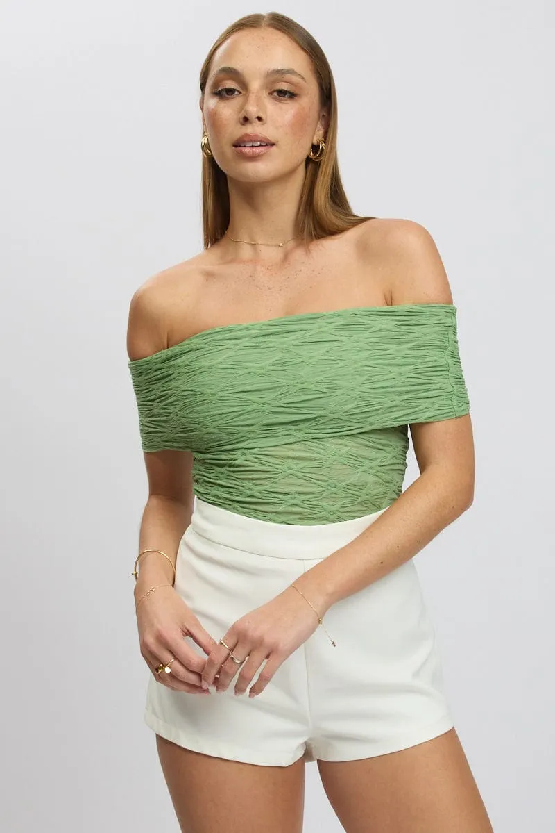 Green Textured Top Off Shoulder sold by Ally Fashion
