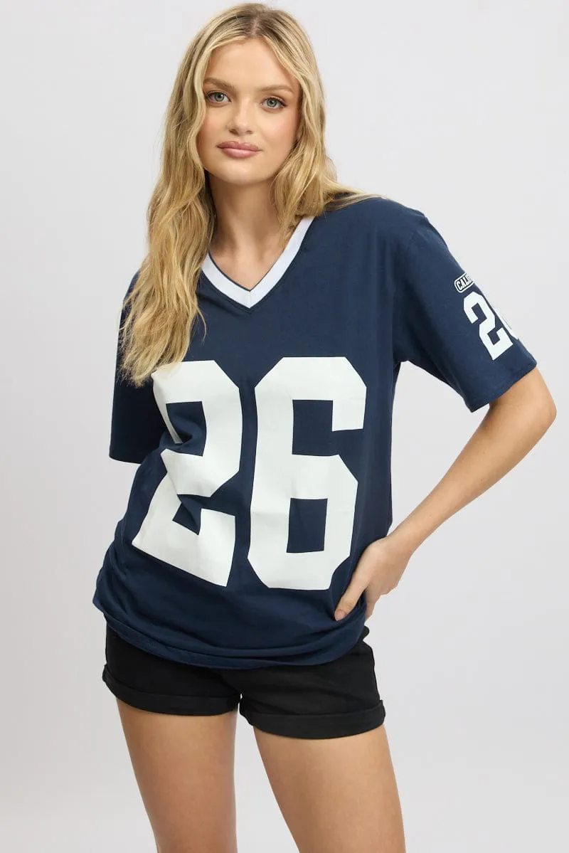 Blue Graphic Tee V Neck Short Sleeve sold by Ally Fashion