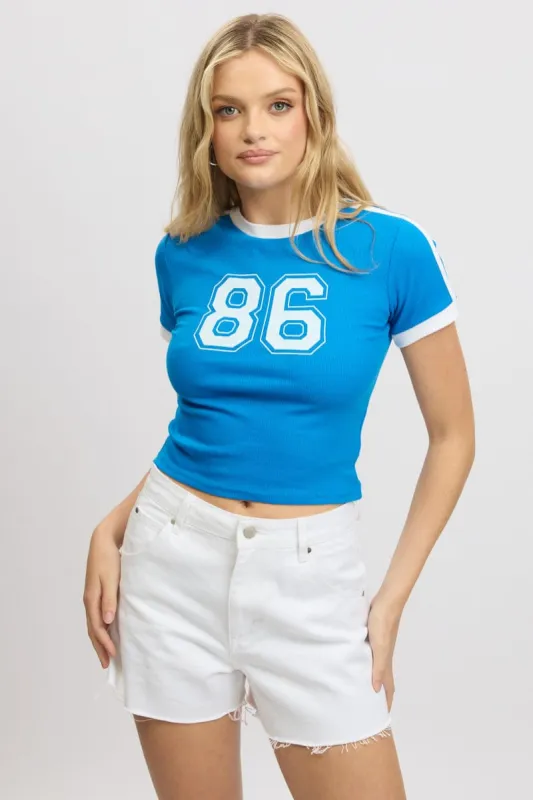 Blue Graphic Tee Short Sleeve Contrast Binding sold by Ally Fashion