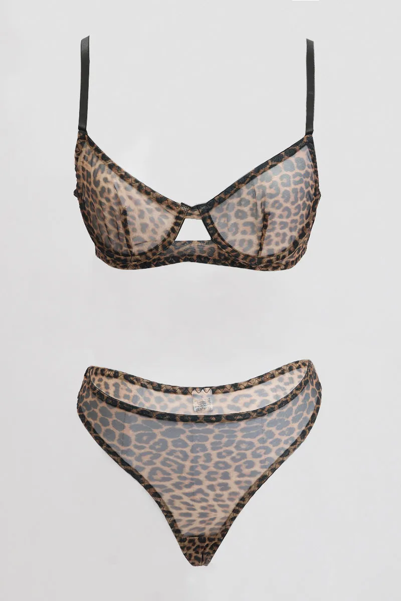 Brown Animal Print Mesh Lingerie Set sold by Ally Fashion