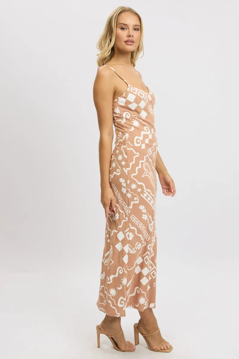 Brown Abstract Maxi Dress Bias Cut Linen Blend sold by Ally Fashion product image thumbnail 4