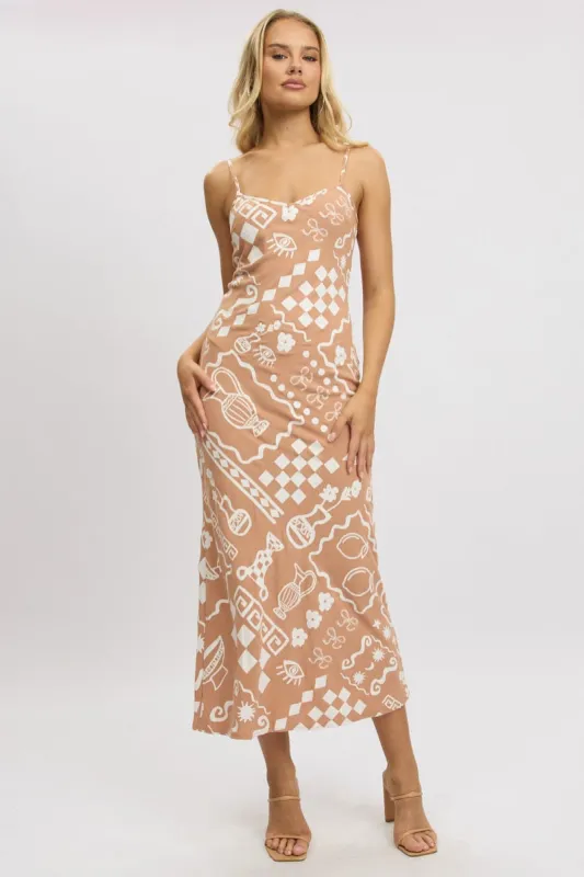 Brown Abstract Maxi Dress Bias Cut Linen Blend sold by Ally Fashion