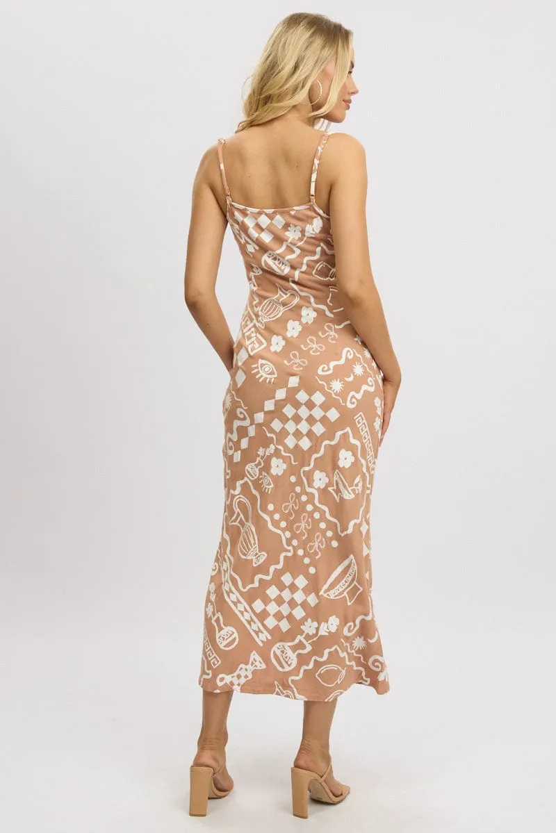 Brown Abstract Maxi Dress Bias Cut Linen Blend sold by Ally Fashion product image thumbnail 5