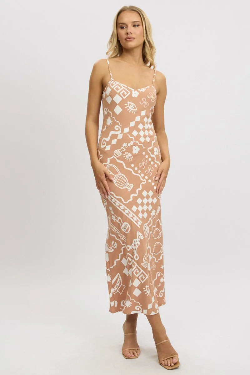 Brown Abstract Maxi Dress Bias Cut Linen Blend sold by Ally Fashion product image thumbnail 3