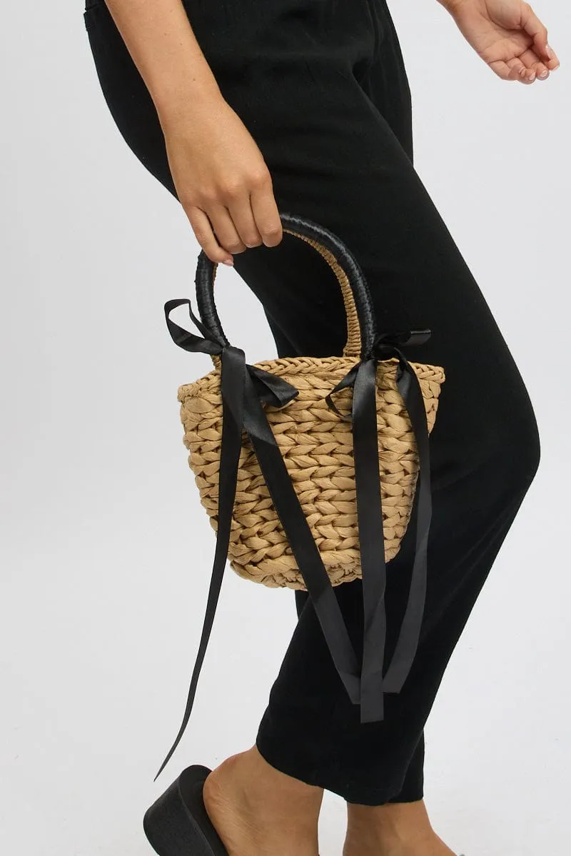 Black Straw Bag Crossbody Mini Basket Satin Bow sold by Ally Fashion