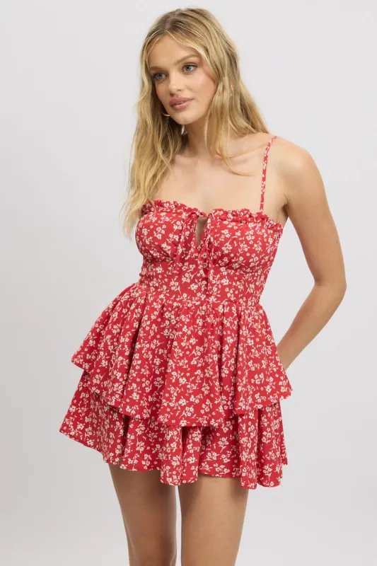 Red Ditsy Ruffle Playsuit Sleeveless Frilled sold by Ally Fashion