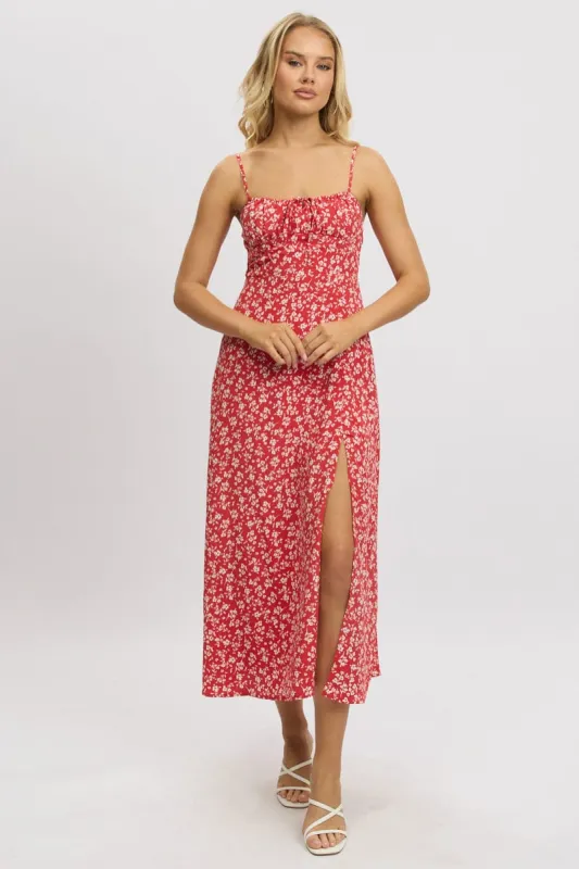 Red Ditsy Midi Dress Gathered Bust sold by Ally Fashion