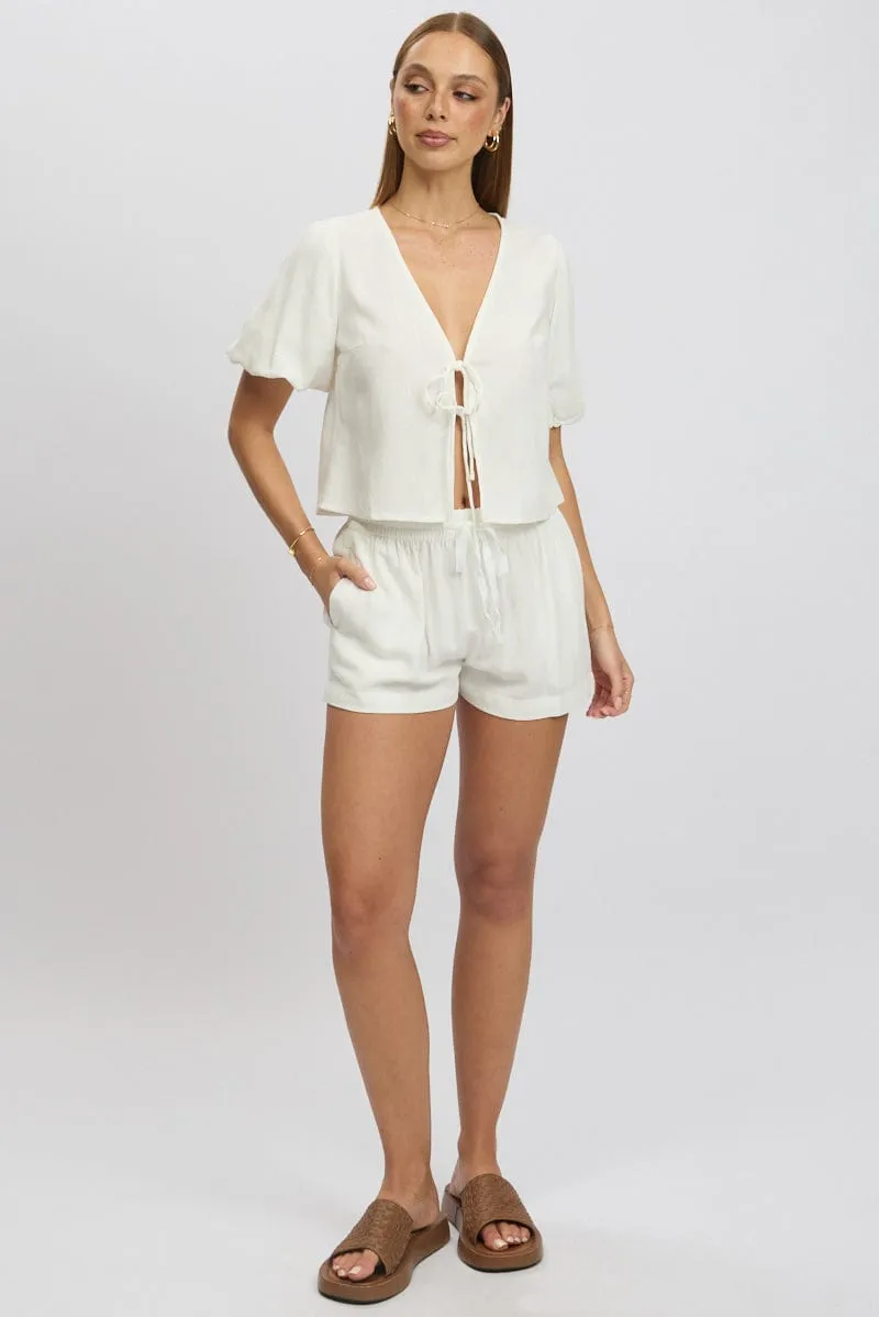 White Tie Front Top Puff Short Sleeve sold by Ally Fashion product image thumbnail 2