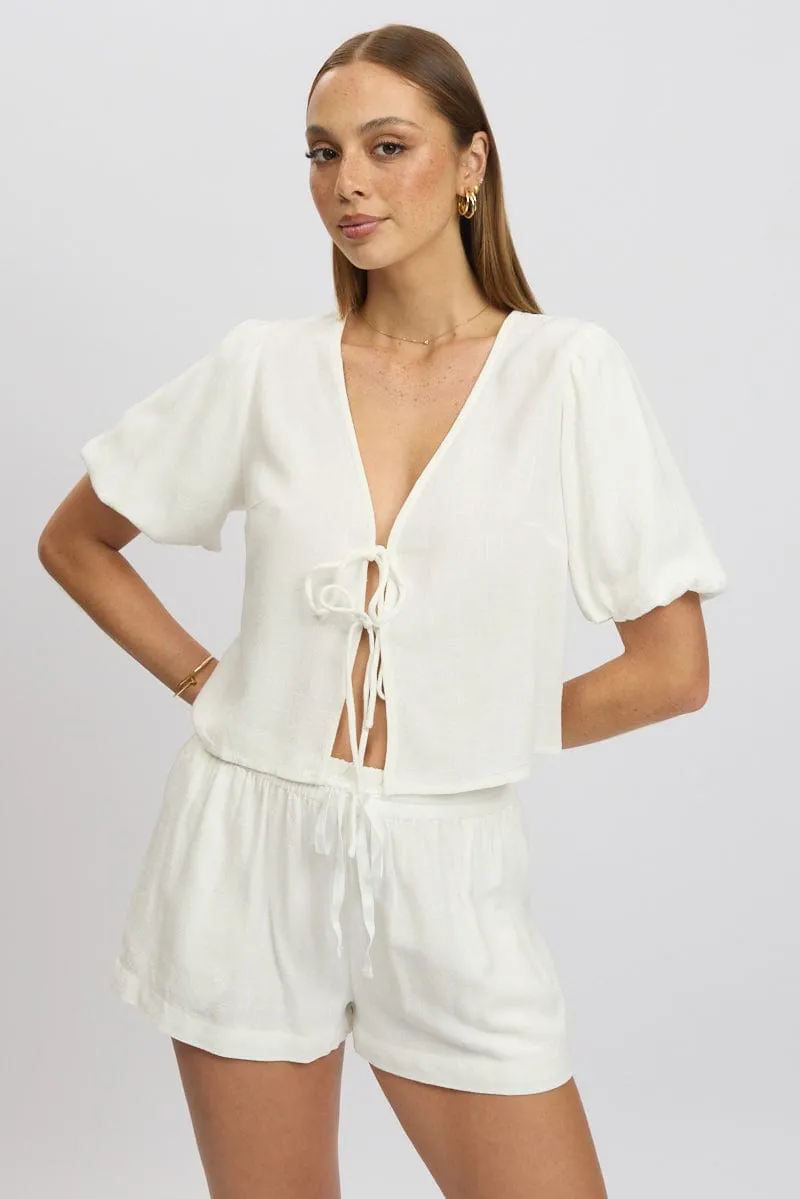 White Tie Front Top Puff Short Sleeve sold by Ally Fashion product image thumbnail 3