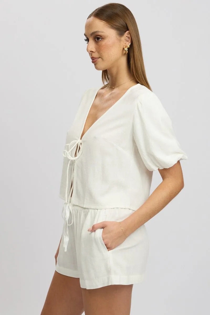White Tie Front Top Puff Short Sleeve sold by Ally Fashion product image thumbnail 4
