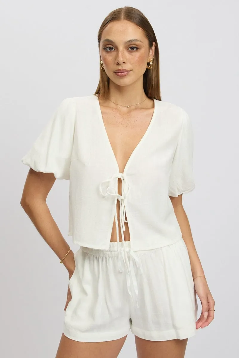 White Tie Front Top Puff Short Sleeve sold by Ally Fashion