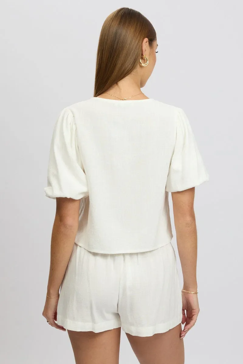 White Tie Front Top Puff Short Sleeve sold by Ally Fashion product image thumbnail 5
