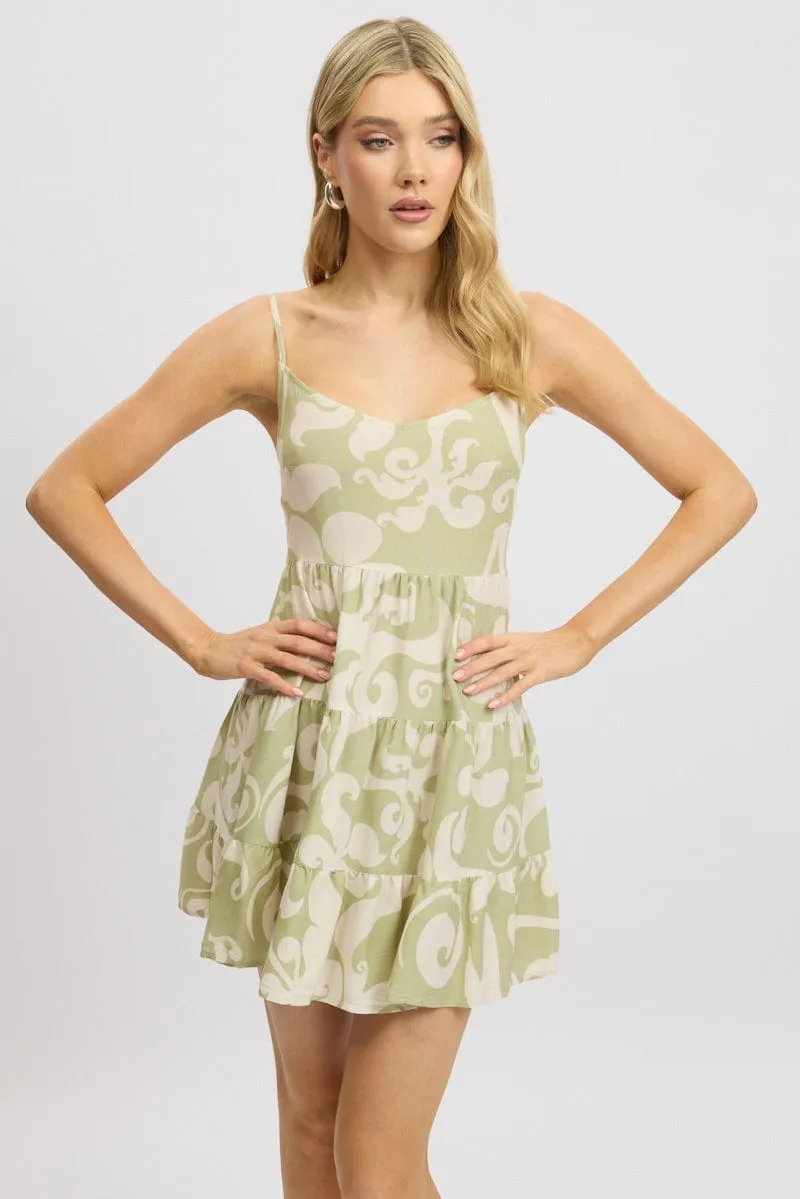 Green Abstract Mini Dress Tiered Strappy sold by Ally Fashion