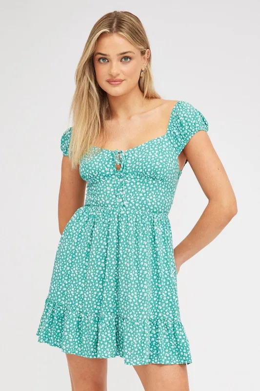 Green Ditsy Fit And Flare Dress Mini sold by Ally Fashion