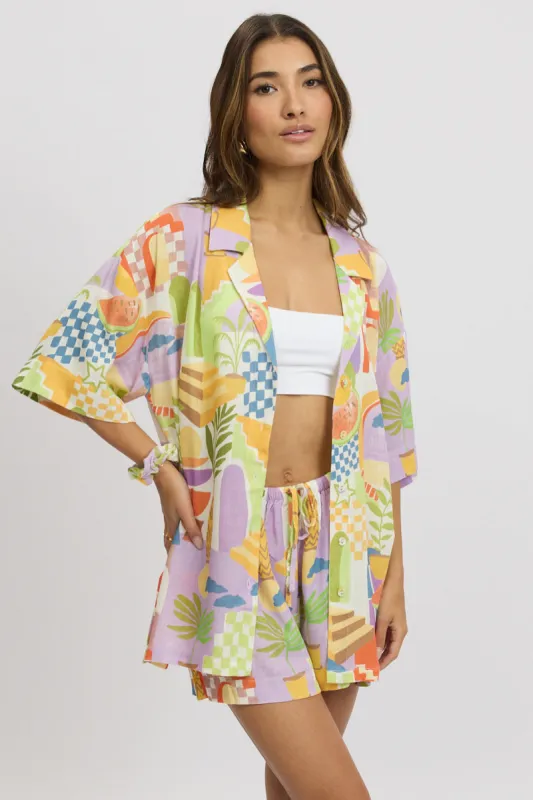 Multi Abstract Relaxed Shirt Short Sleeve Linen Blend sold by Ally Fashion