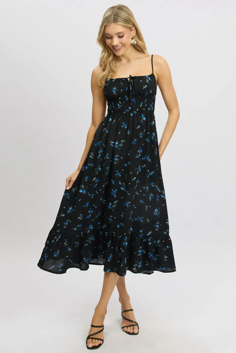 Black Floral Midi Dress Tiered Strappy sold by Ally Fashion