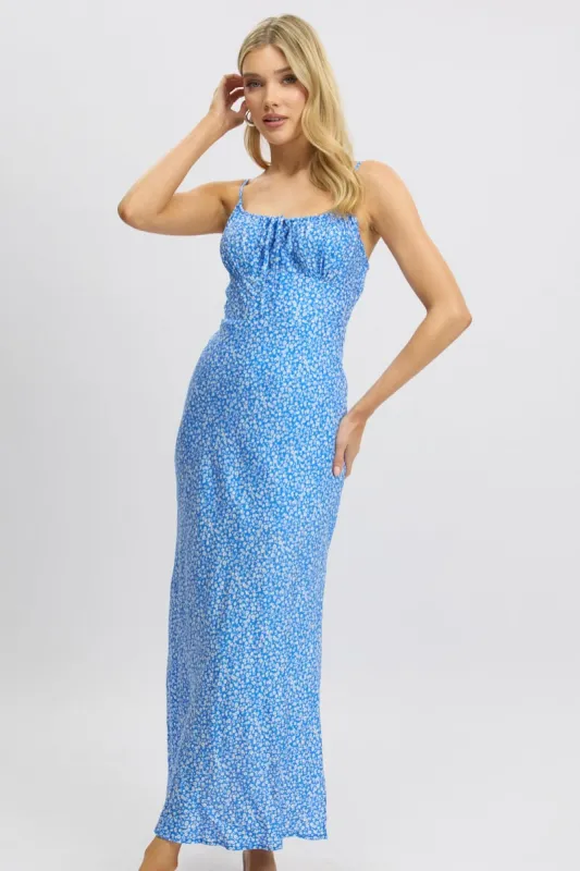 Blue Ditsy Midi Dress Gathering Bust Sleeveless sold by Ally Fashion
