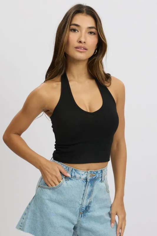 Black Halter Top Sleeveless Rib sold by Ally Fashion