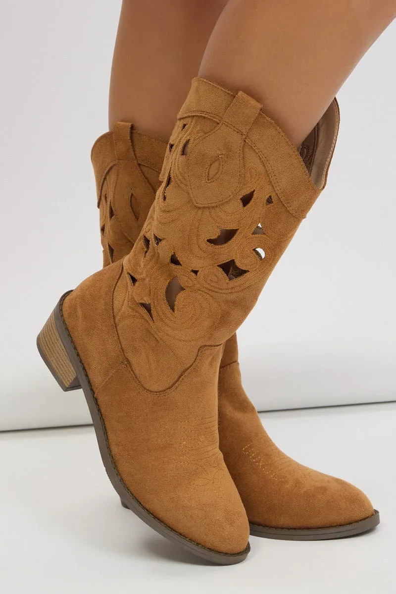 Brown Cut Out Western Cowboy Boots sold by Ally Fashion