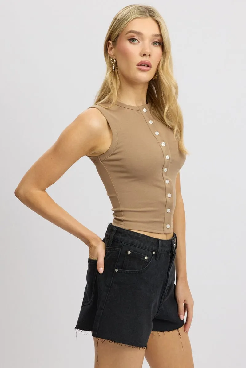 Brown Button Front Top Sleeveless sold by Ally Fashion product image thumbnail 4