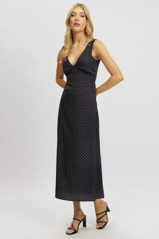 Black Polka Dot Maxi Dress V-neck sold by Ally Fashion