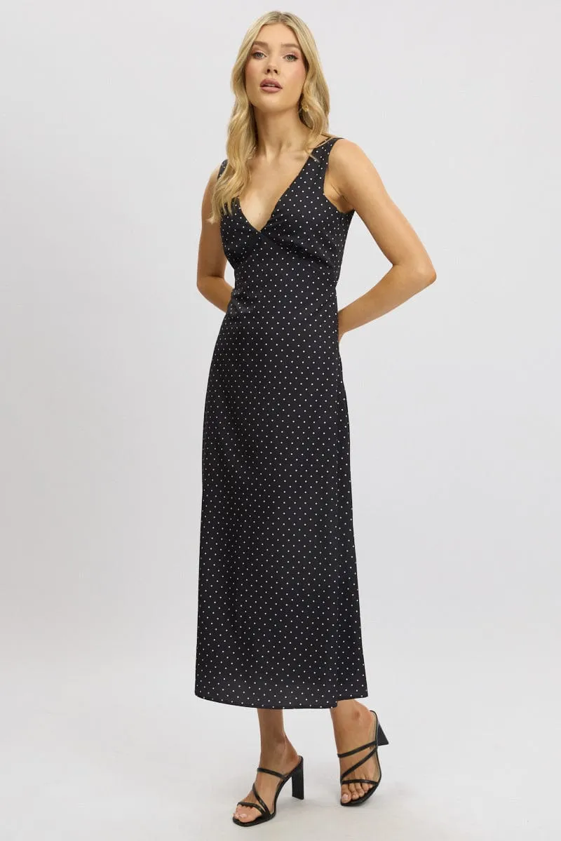 Black Polka Dot Maxi Dress V-neck sold by Ally Fashion