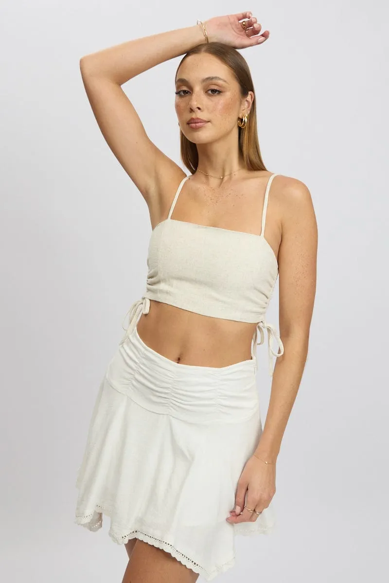 Beige Crop Cami Top Side Ruched Linen Blend sold by Ally Fashion