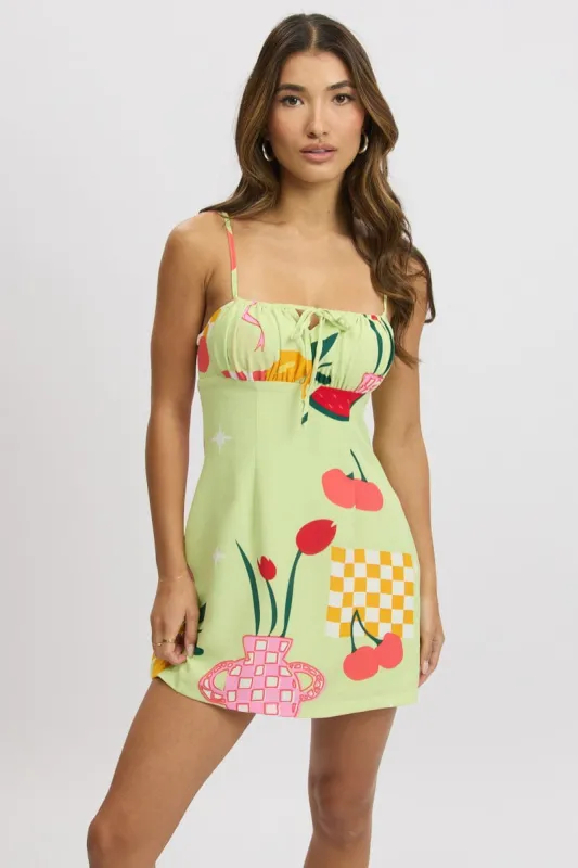 Green Abstract Mini Dress Ruched Bust sold by Ally Fashion