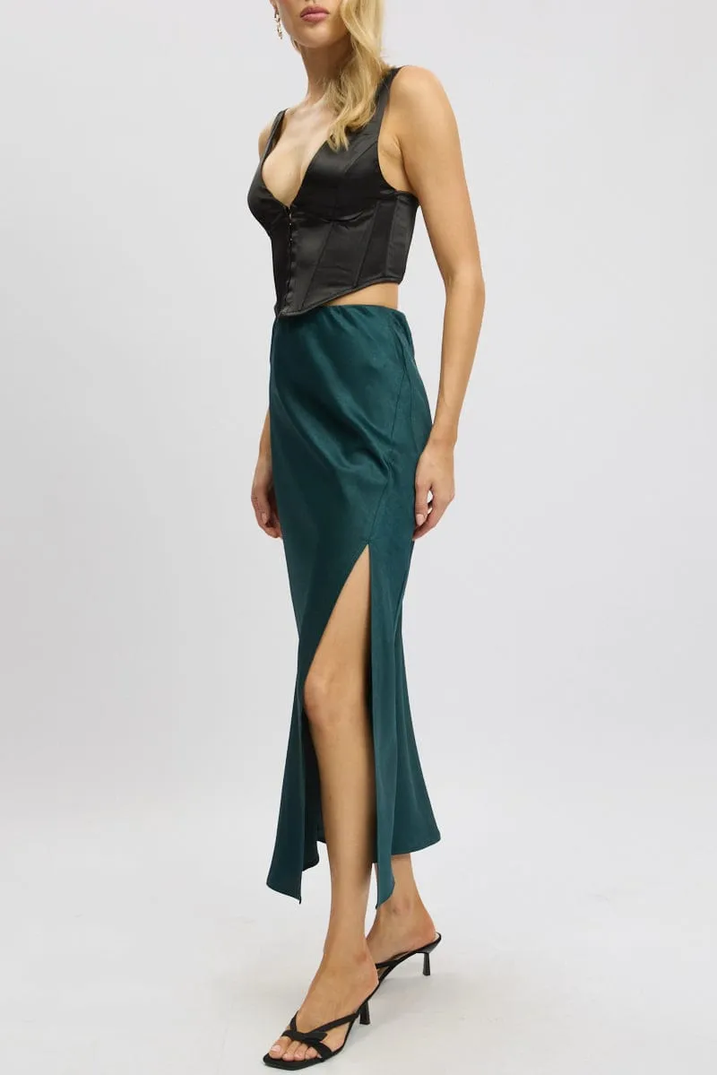 Green Slip Skirt High Waist Front Split Midaxi Satin sold by Ally Fashion