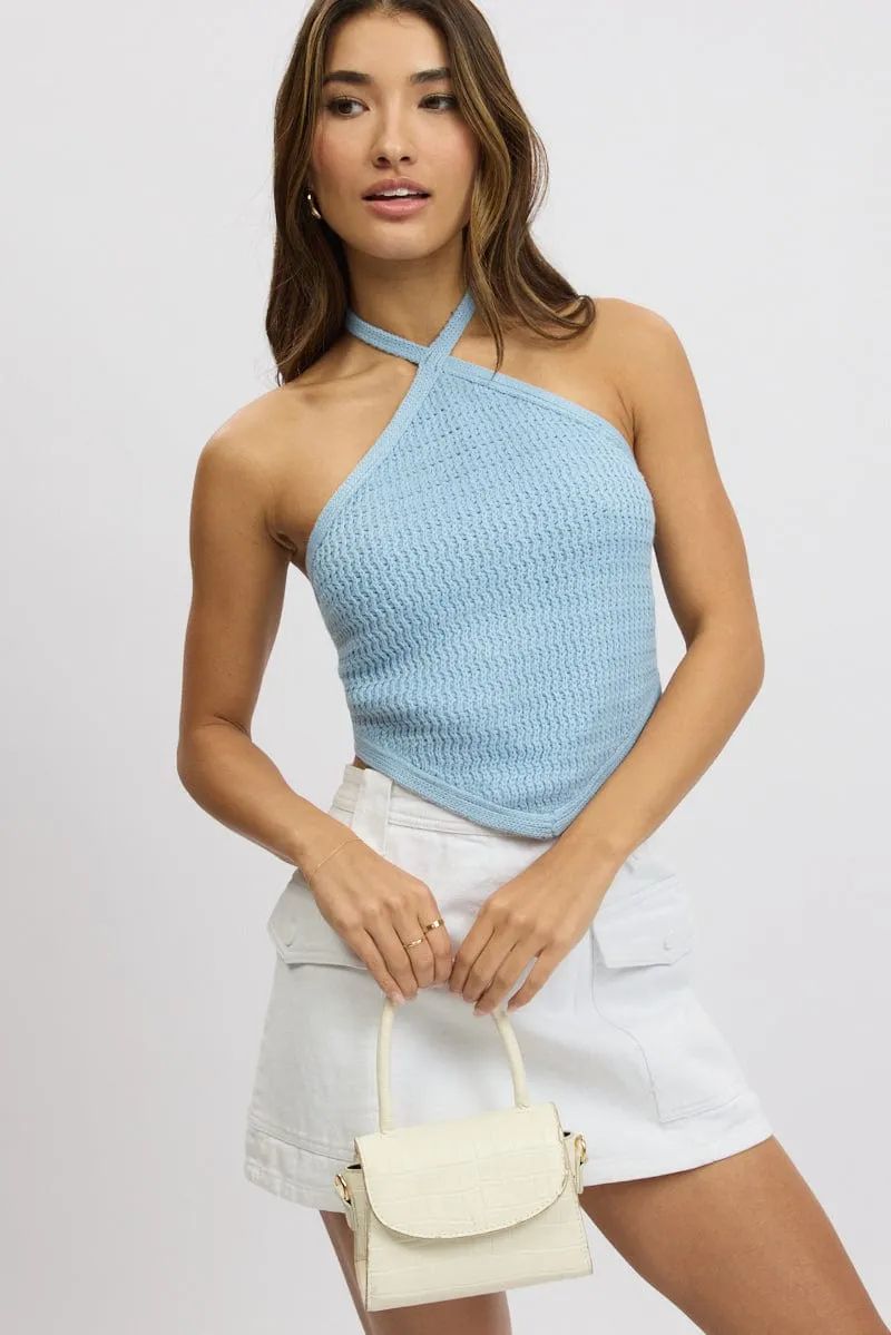 Blue Knit Top Halter Neck sold by Ally Fashion