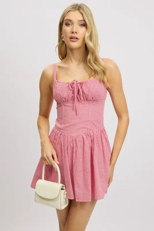 Red Check Fit And Flare Dress Drop Waist Mini sold by Ally Fashion