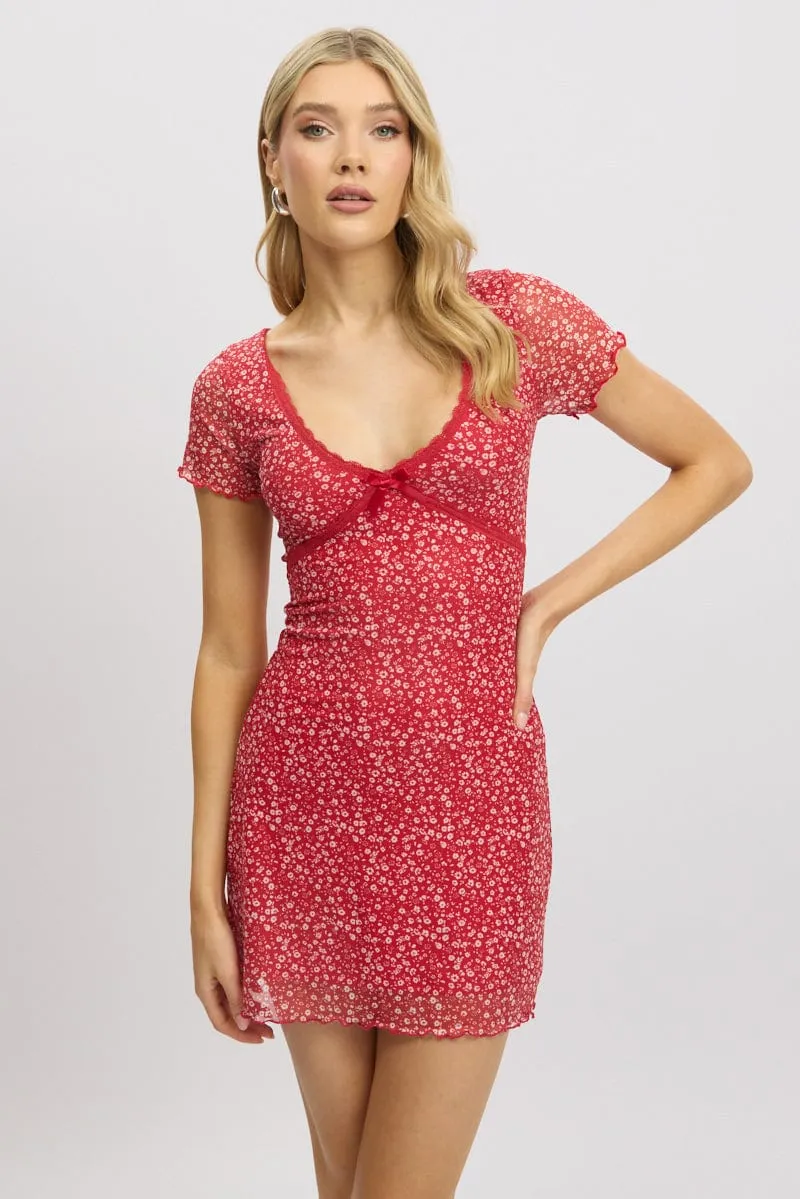 Red Ditsy Mesh Dress V Neck Mini sold by Ally Fashion