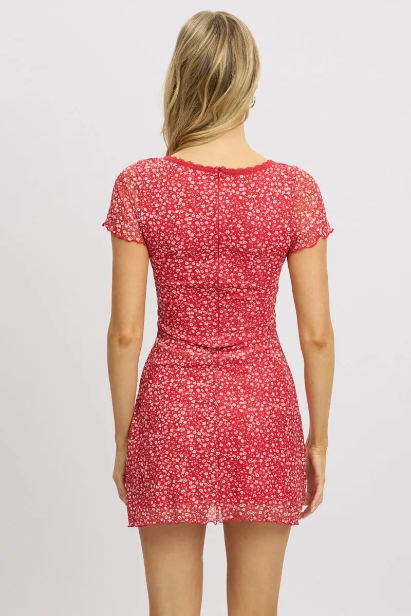 Red Ditsy Mesh Dress V Neck Mini sold by Ally Fashion product image thumbnail 5