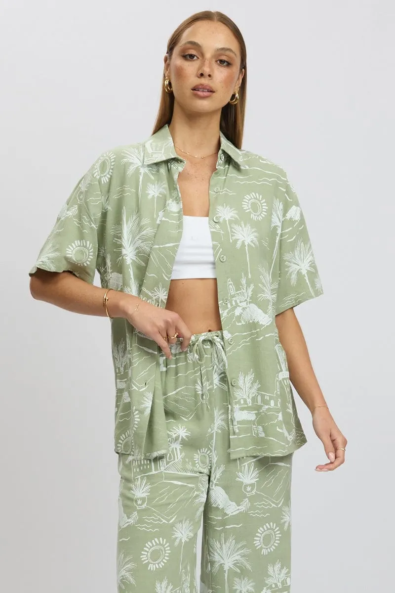 Green Abstract Relaxed Shirt Short Sleeve sold by Ally Fashion