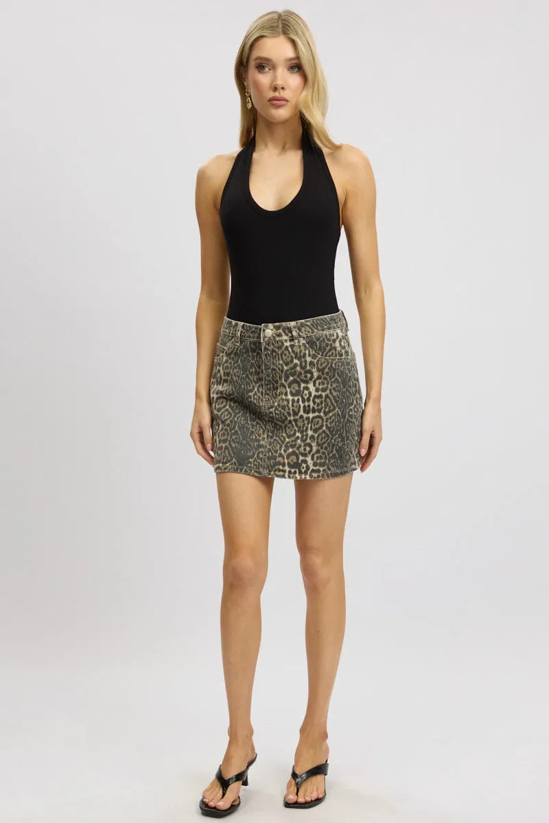 Beige Animal Print Mini Skirt Mid Rise Leopard Denim sold by Ally Fashion product image thumbnail 3