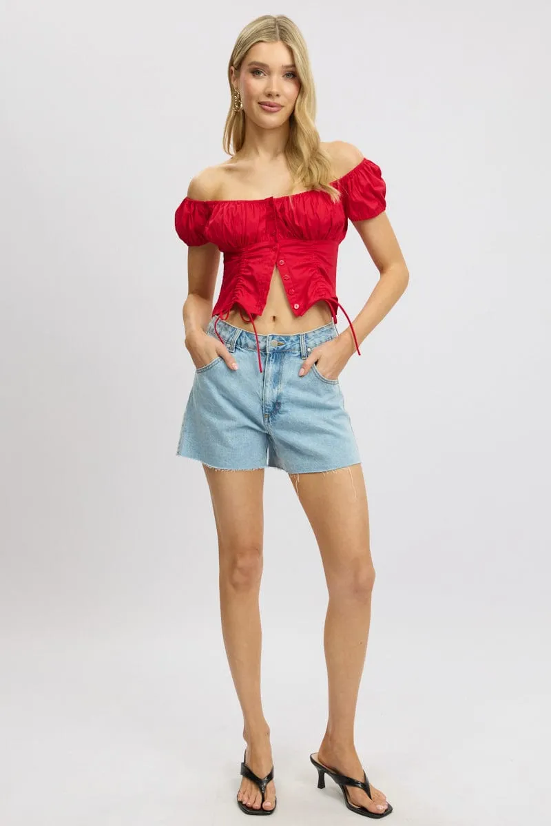 Red Crop Top Short Sleeve Ruched Button Front sold by Ally Fashion product image thumbnail 2